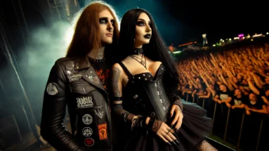 A gothic pair at Bloodstock 2022, the woman in a corset dress and the man in a leather jacket, both with an array of metal patches and amidst a sea of cheering fans.