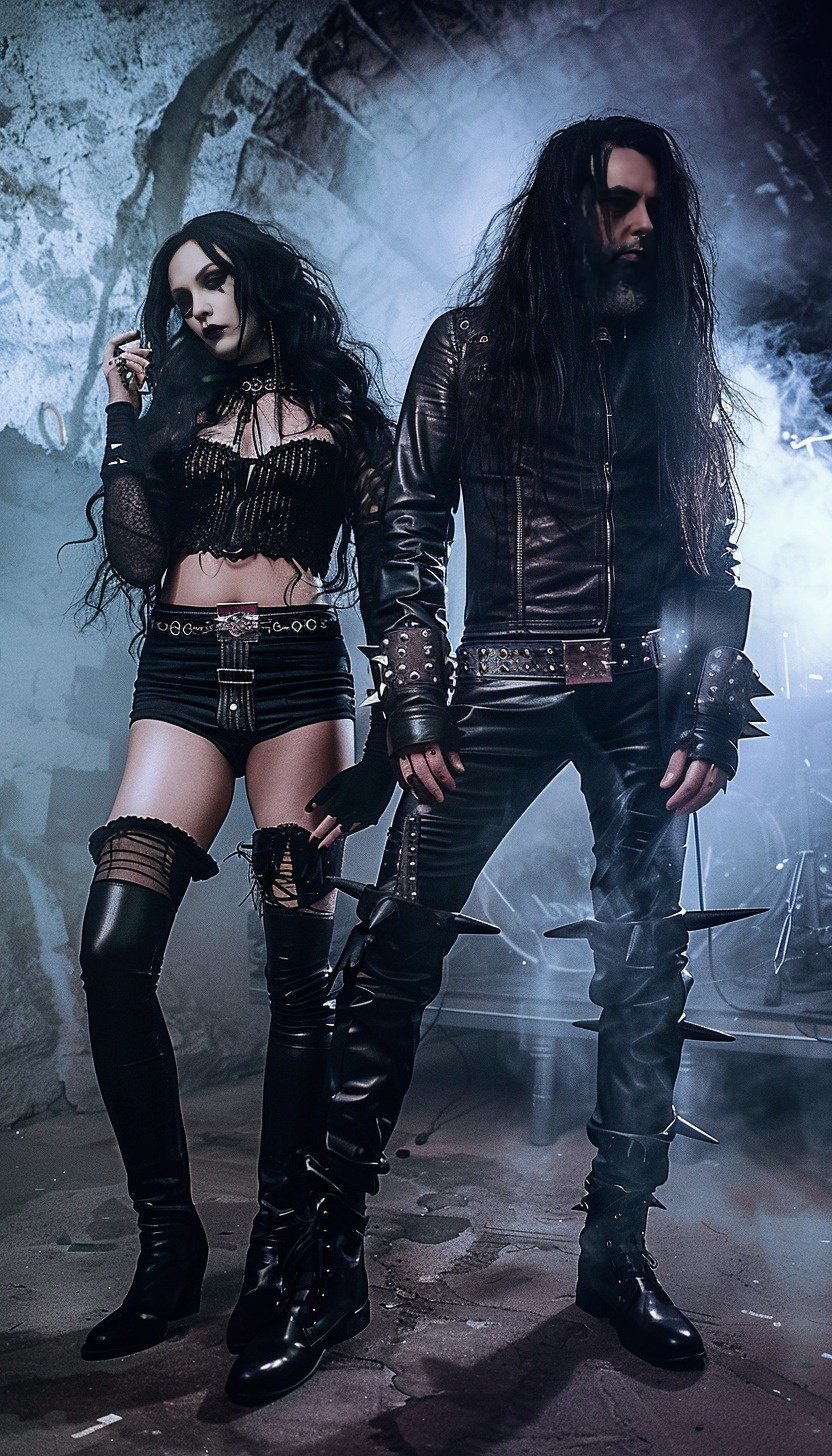 The couple poses confidently with the man's arm around the woman, amidst a foggy, industrial setting, their gothic attire in full display.