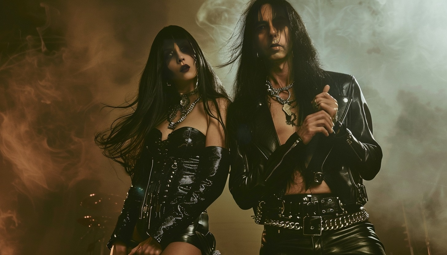A gothic duo, a woman and a man, stand in a hazy, warm-toned setting, dressed in black leather and metal accents, exuding an air of mystery and rebellion.