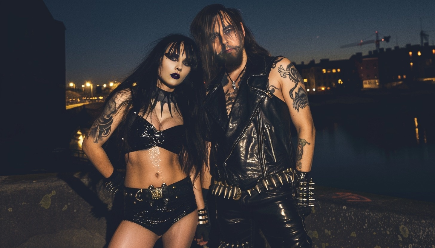 A goth couple stands on an urban waterfront at night in Gothenburg. The woman is clad in a studded black bikini top and shorts, while the man wears a sleeveless leather jacket and jeans, both adorned with tattoos and dark, dramatic makeup.