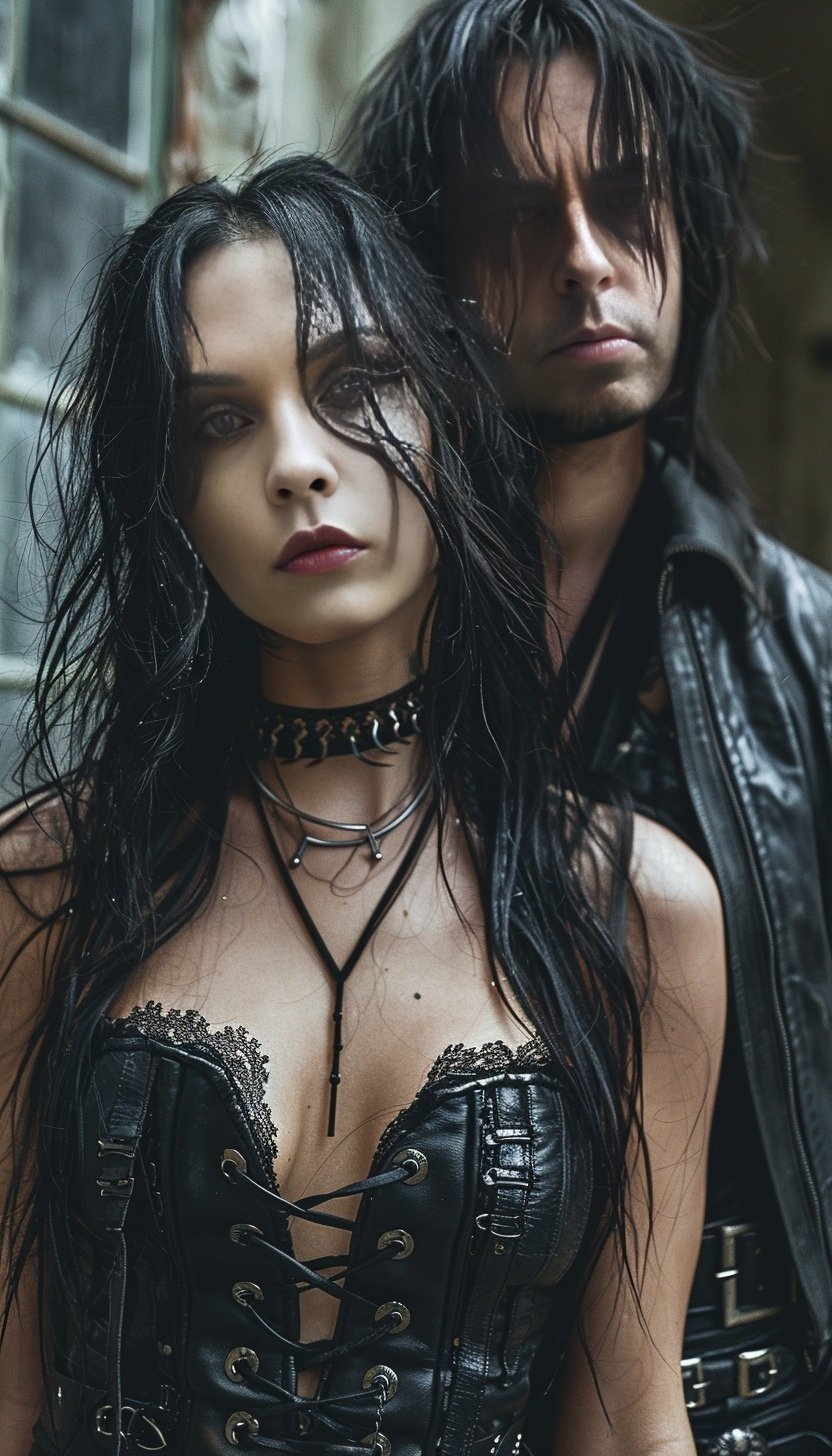 With an aura of dark elegance, a gothic woman in a detailed corset and a man in a leather jacket stand close together in a dilapidated setting, exuding a fierce and commanding presence.