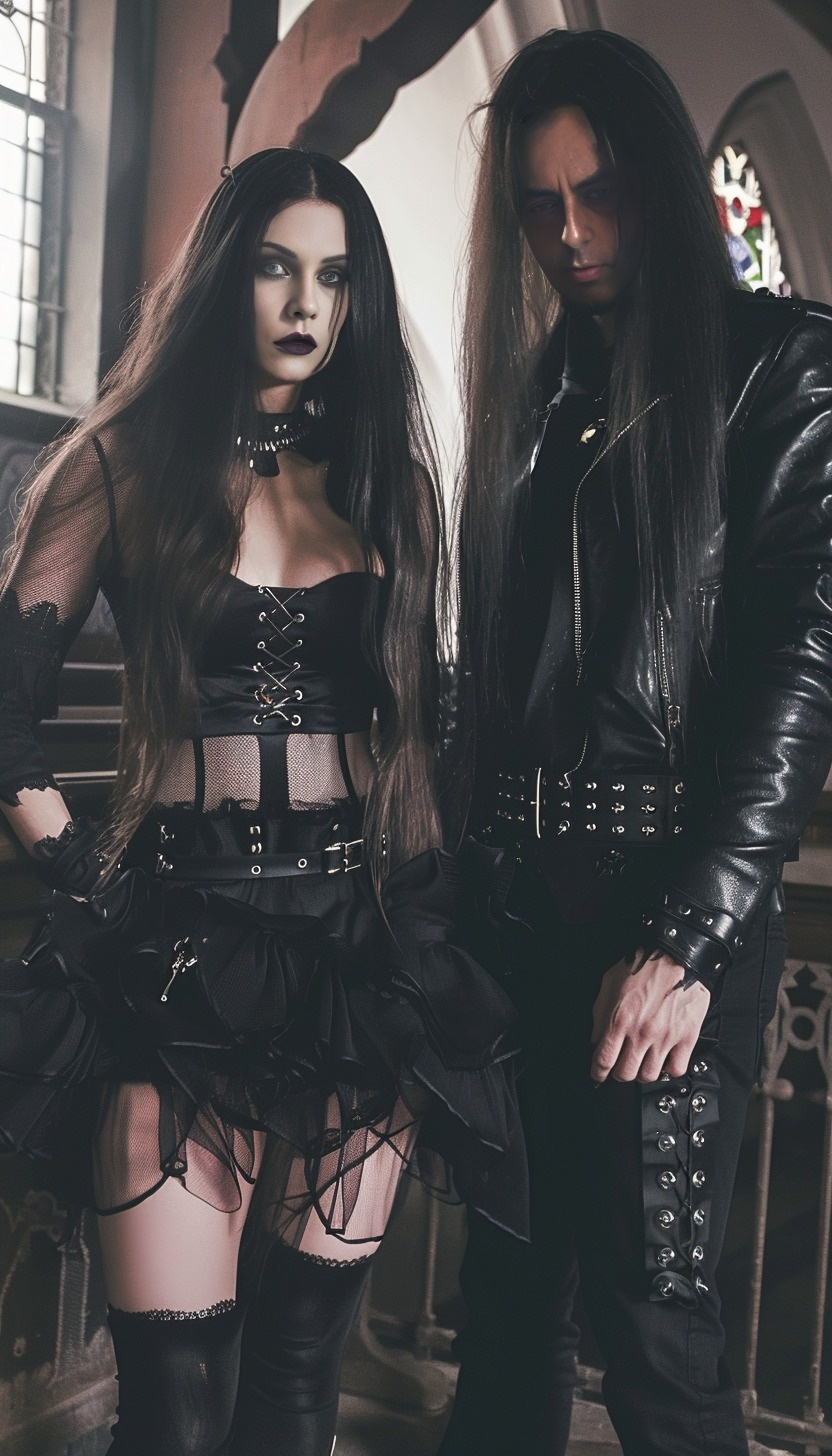 The same gothic couple posed in front of a church pew, their attire a mix of leather and lace, exuding a brooding presence.