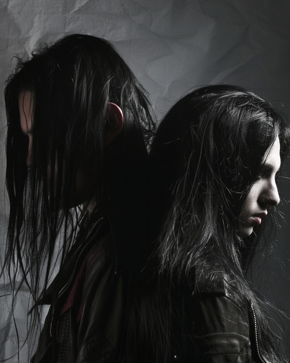 Silhouettes of a gothic pair, their Anti-Authoritarianism stance reflected in their shadowy, enigmatic presence.