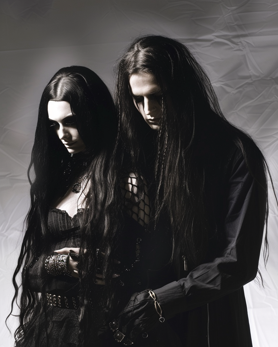 A gothic couple embodying Anti-Authoritarianism, dressed in black and intertwined in a solemn pose.