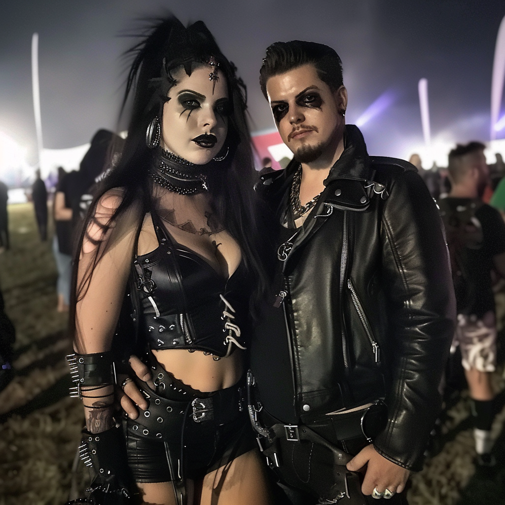 Gothic couple at Arvika Festivalen, man with sunglasses and woman with spiked hair accessories.