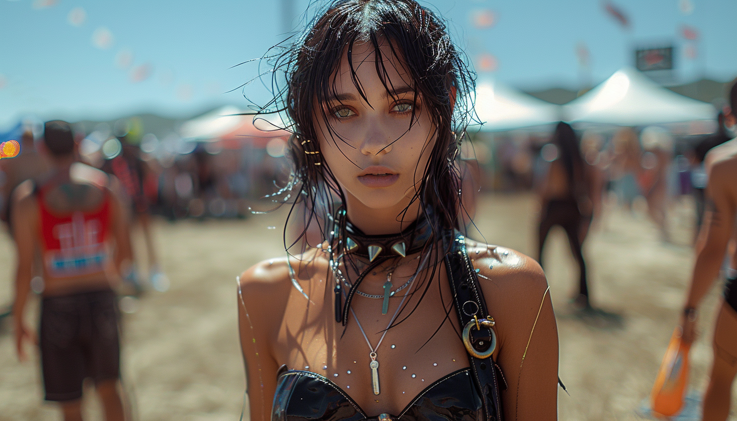 A solitary gothic woman at Graspop Metal Meeting 2018, with wet hair and an intense gaze, sporting a choker and a glossy black top with silver embellishments.