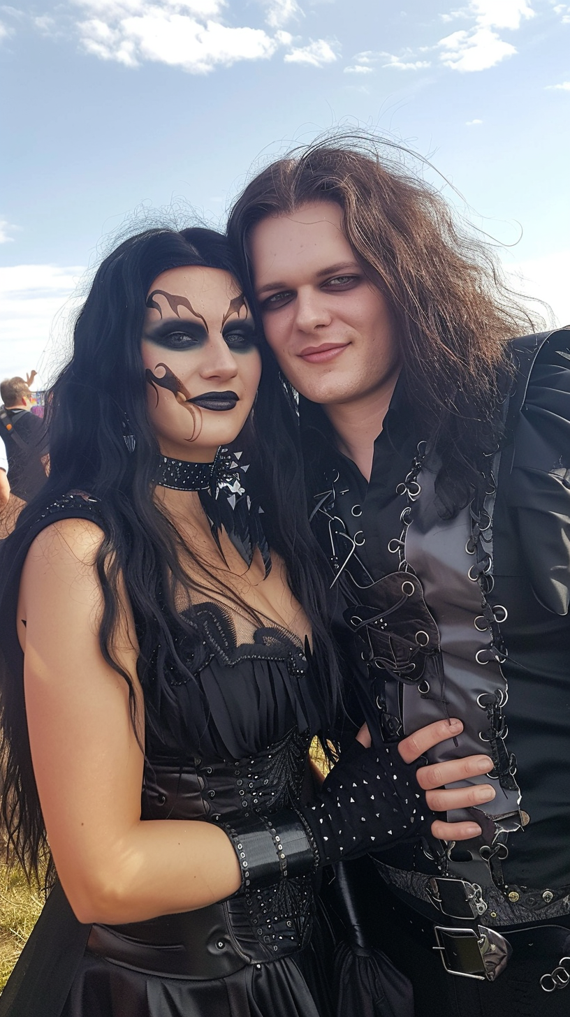 A gothic couple at Hellfest, with the man sporting long black hair and the woman in intricate eye makeup, both dressed in black and sharing a close moment amidst the festival's energy.