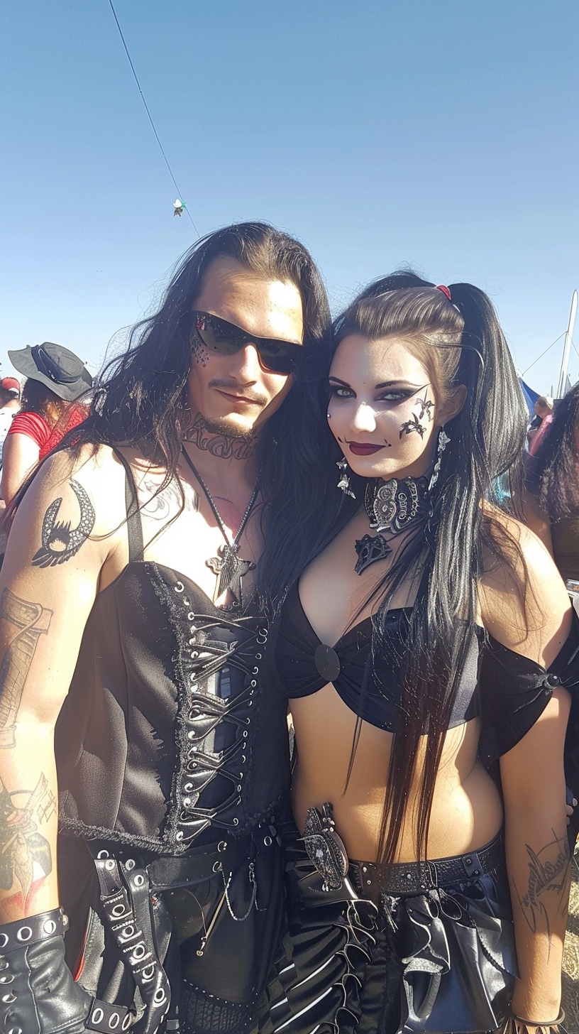 Gothic couple at Leyendas del Rock festival 2019, man with sunglasses and tattoos, woman with black star face paint.
