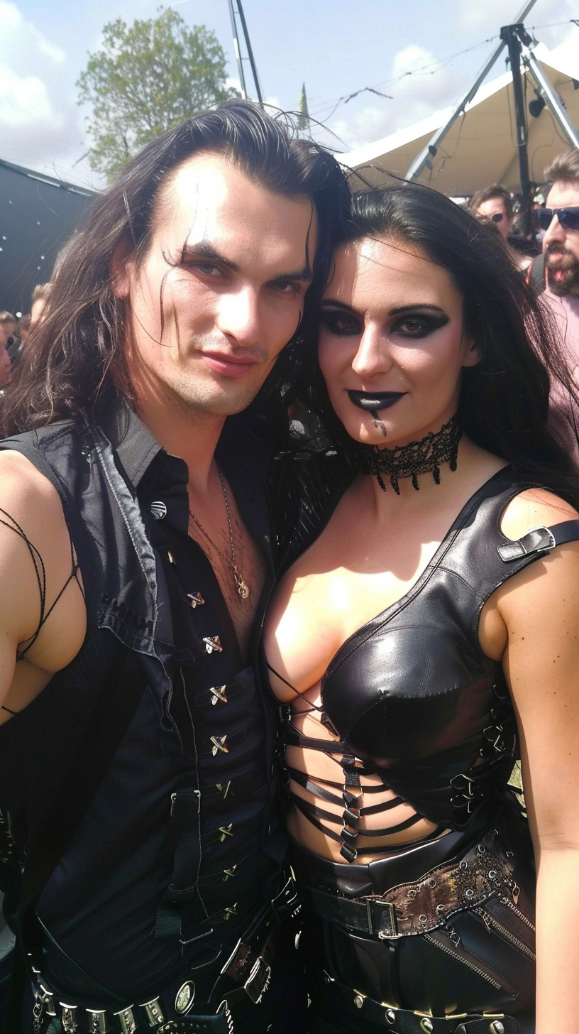 A gothic man and woman at Hellfest, both with long black hair and dark smokey eye makeup, the man with a bare chest under a black vest, the woman in a black strappy top.