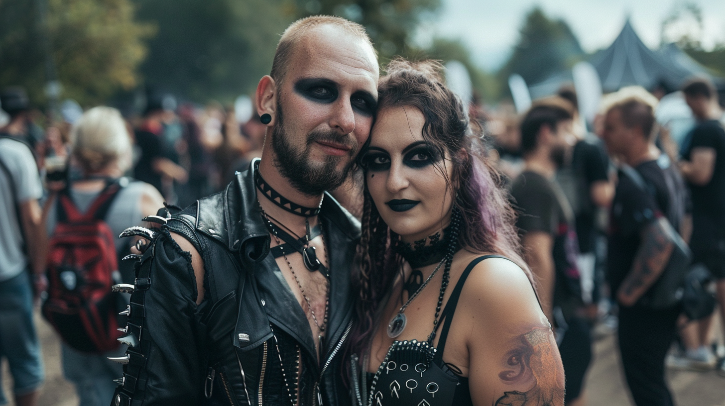 A gothic duo at Hellfest 2017, the man with a bald head and piercings, the woman with dark eye makeup and purple hair, both in black leather attire.