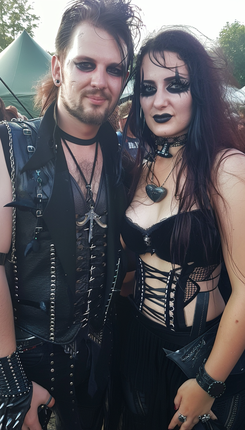 Bloodstock 2008: A festival snapshot capturing a gothic couple; the man sports an open vest with criss-cross lacing, and the woman a corseted top, both adorned with various accessories, their makeup enhancing their metalhead presence.