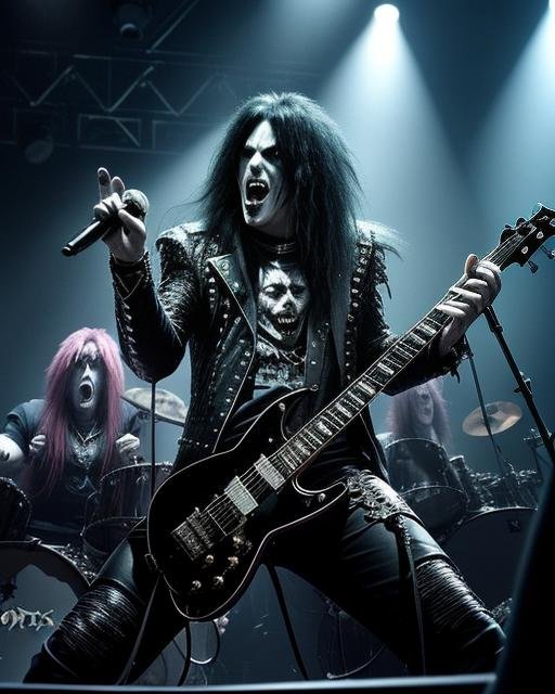 Vibrant shock rock band performance, with members in dark, heavy makeup and sinister stage attire, engaging in an electrifying concert.