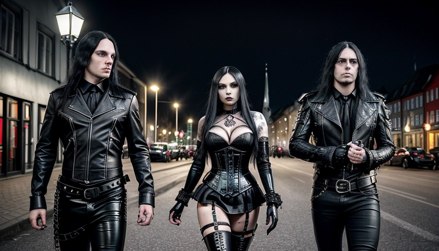 On a Gothenburg street under the city lights, a gothic group strides forward; their leather outfits and confident demeanor command attention amidst the urban nightlife.