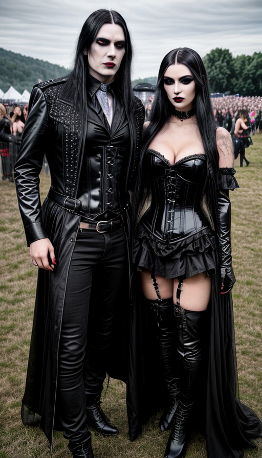 Elegant gothic couple at Leyendas del Rock 2020, man in black leather, woman in corset and thigh-high boots.