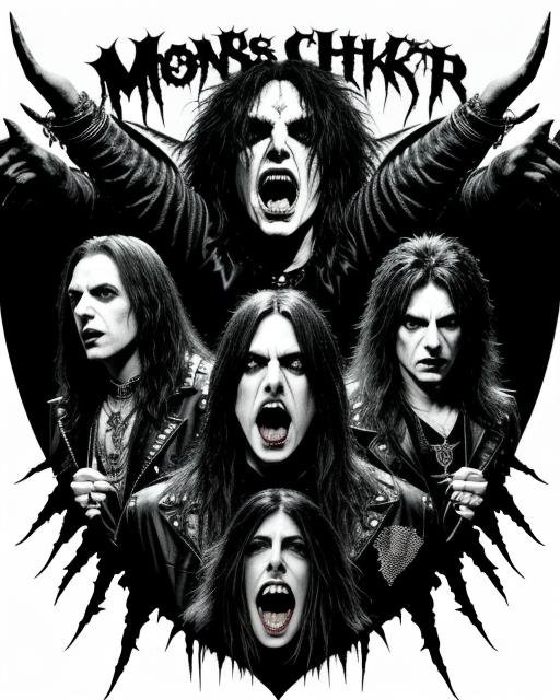 Monsters of Shock Rock: Shock rock band with exaggerated horror makeup posing dramatically, with 'MONSTER CHIKKR' logo above them.