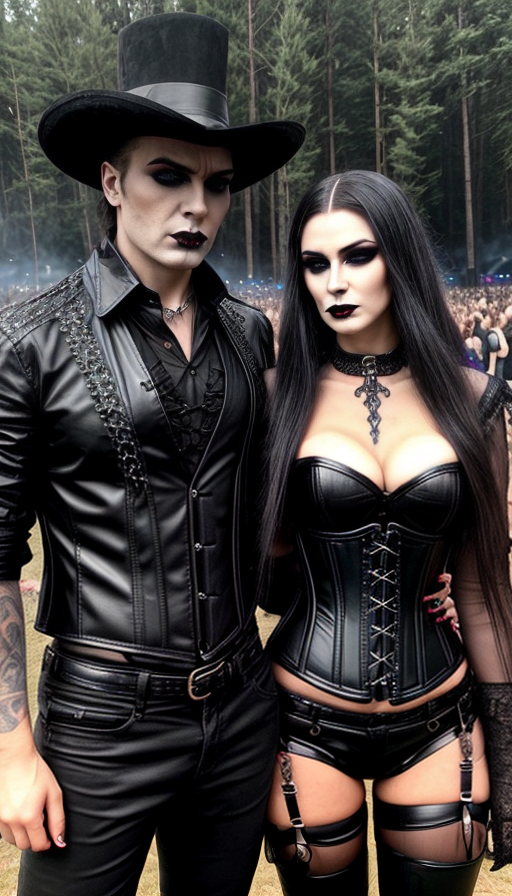 A gothic couple commands attention at Graspop Metal Meeting, the man in a top hat and the woman in a bustier with chains, their dark attire and makeup a stark contrast to the forest around them, embodying the festival's spirit.