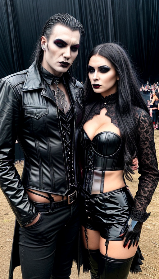 Festival History: couple in coordinating black leather, she with a laced corset and he in a buttoned vest, embodying the gothic aesthetic with their pale makeup and dark attire, set against a festival’s muted backdrop.