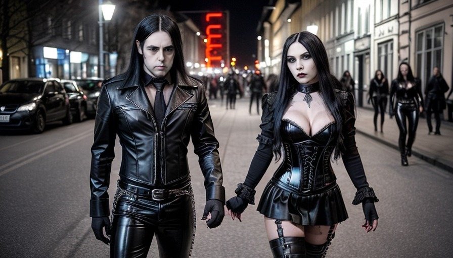 A gothic pair holds hands on a bustling street in Gothenburg, their dark leather attire setting them apart from the crowd in the evening light.