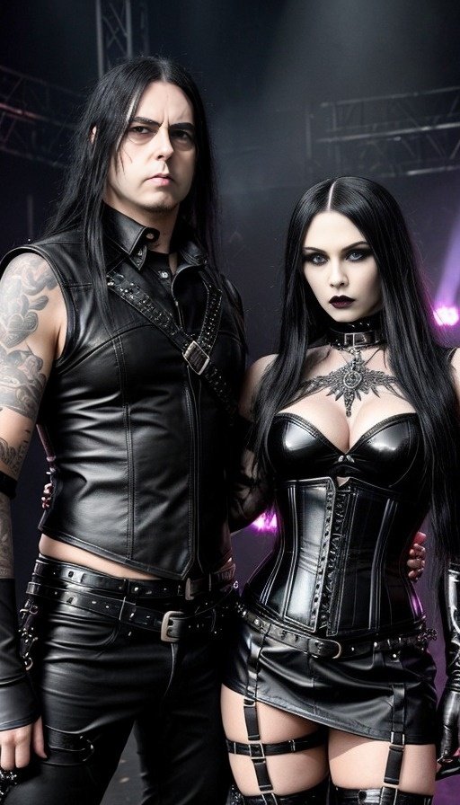 Goth duo in concert-ready leather outfits at the Blind Guardian Gothenburg show.