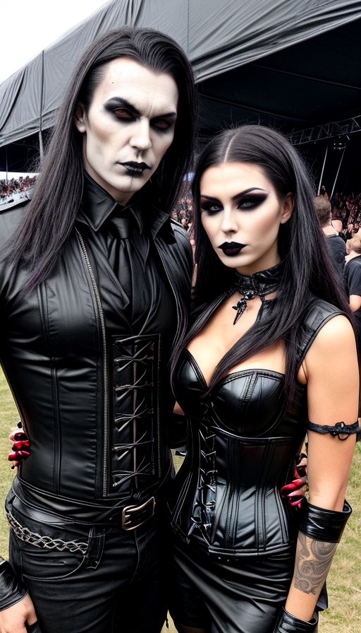 At Hellfest 2019, a couple stands in dramatic gothic attire, the man with pronounced black eye makeup and the woman with a corset and elaborate dark makeup, embodying the festival's spirit.