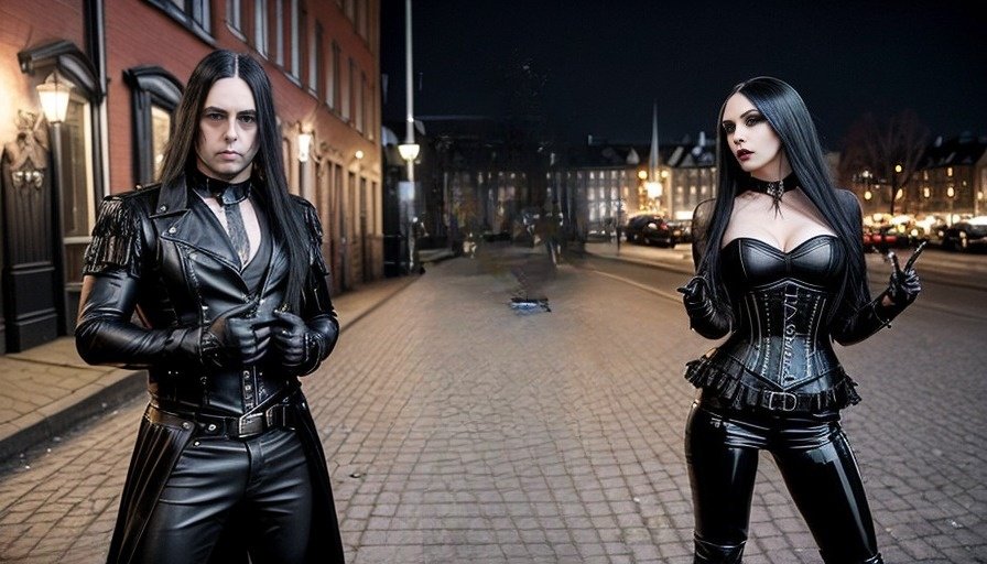 A gothic man and woman stand on a street in Gothenburg at night; the man wears a leather jacket and pants, while the woman sports a corset and leather skirt, both exuding dark charisma.