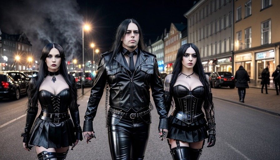 In Gothenburg's evening glow, a gothic couple walks hand in hand; he in a leather outfit with studs, and she in a corset and leather, commanding the night with their presence.