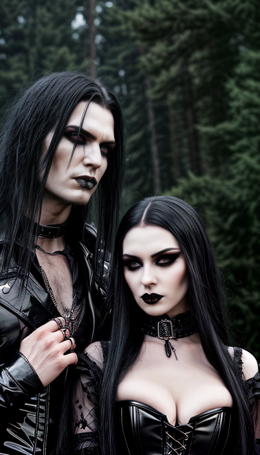 Festival History: Gothic couple in a forest, with Leyendas del Rock vibe, man in black vest, woman in lace-up corset.