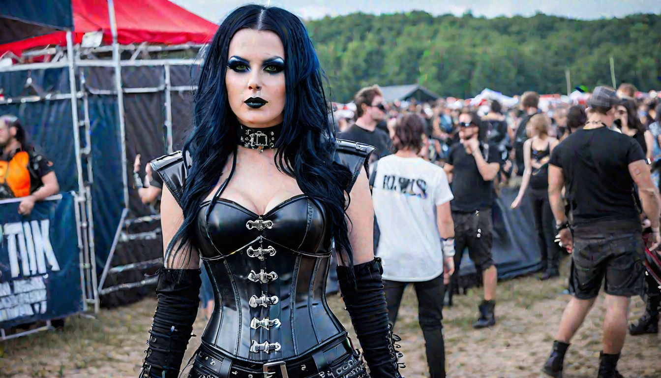 Bloodstock 2010: A solitary gothic figure stands against a festival backdrop; her commanding presence is amplified by her black corset and matching dark makeup, personifying the metalhead spirit.