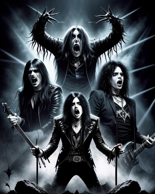 Monochromatic image of a shock rock band with intense expressions and theatrical outfits against a backdrop of beams of light.