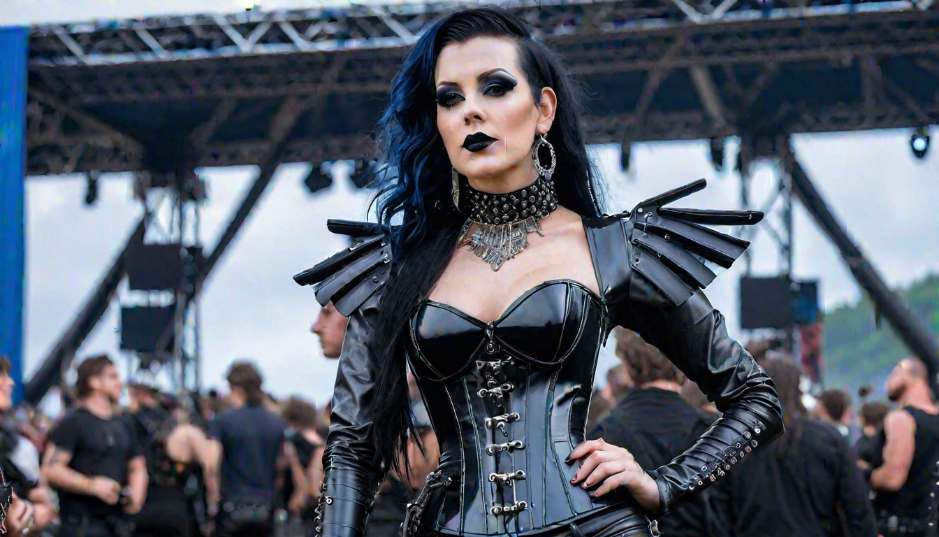 A gothic woman stands defiantly at Graspop Metal Meeting 2022, her black hair cascading past her shoulders, adorned in a leather corset with dramatic shoulder spikes and matching gloves, amidst a backdrop of festival stages and fellow metal fans.