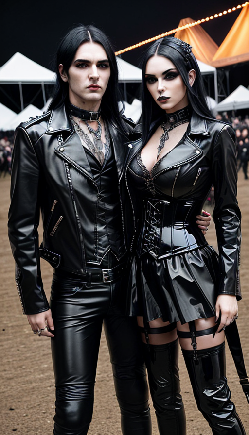 Couple in gothic leather outfits at Arvika Festivalen 2004, woman in a black corset dress, man in a jacket."