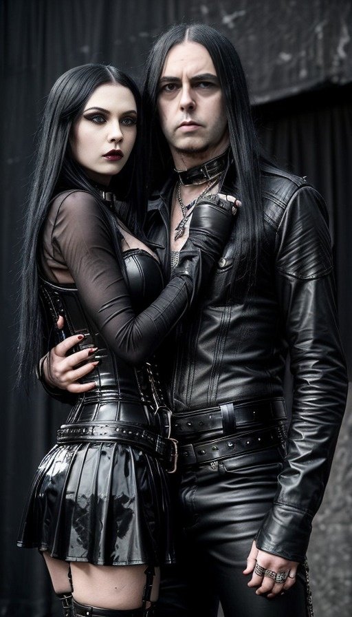 A gothic woman and man embracing, their black leather and studs contrasting with their pale makeup, set against a somber backdrop.