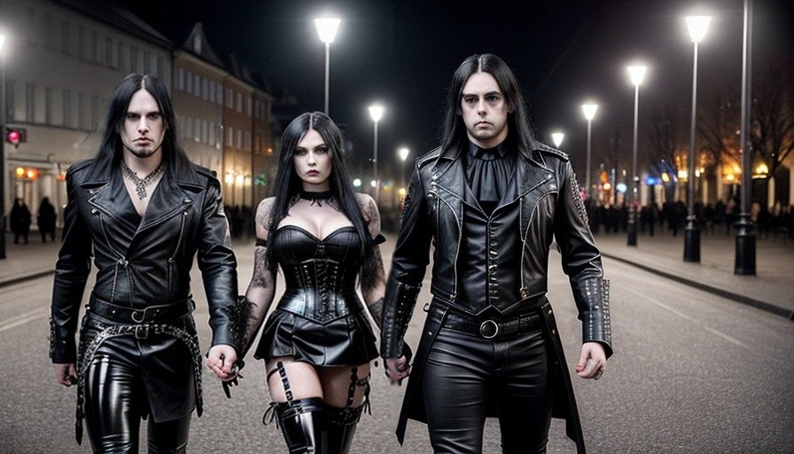 A commanding gothic trio takes over a Gothenburg street at night; with two men in leather jackets and a woman in a corset, they exhibit a powerful goth aesthetic.