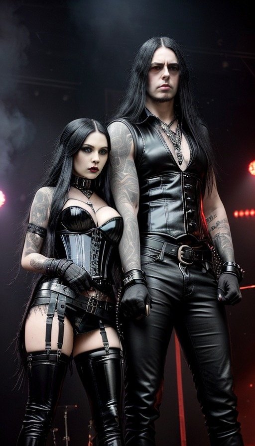 Metalhead pair in gothic gear exuding the vibe of Blind Guardian's Gothenburg performance.