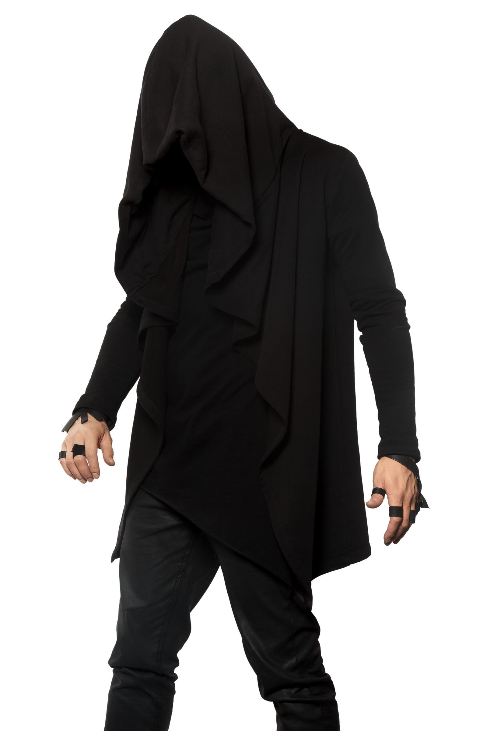 A mysterious figure in a black, flowing garment with a hood, exuding a dark and edgy vibe.