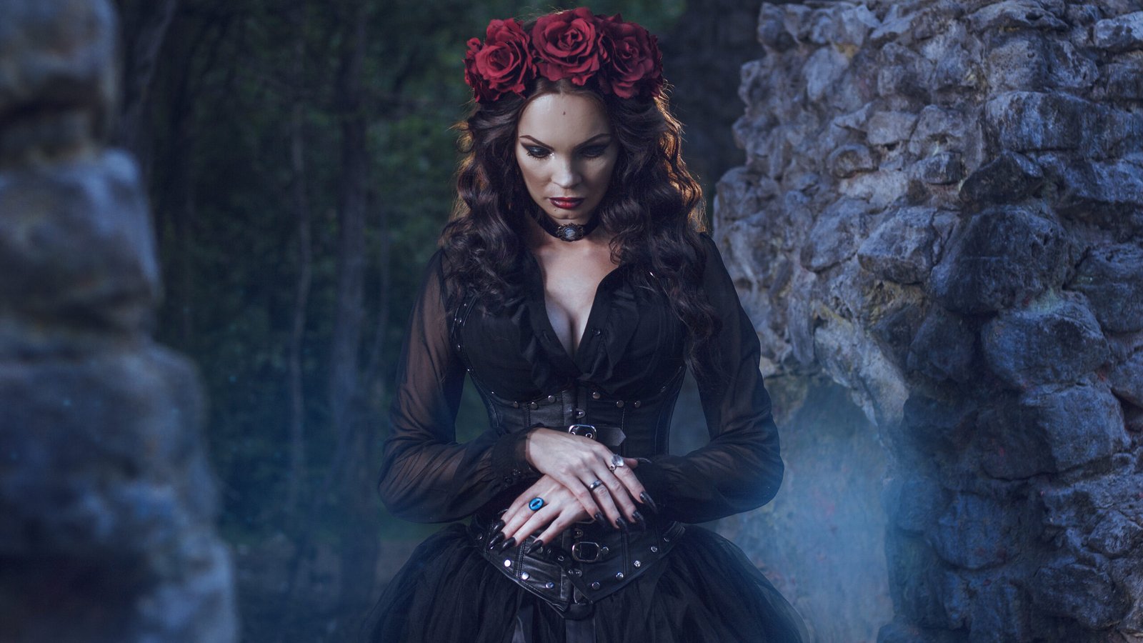 Elegant goth woman adorned with red roses, channeling Victorian grandeur with a black corset.