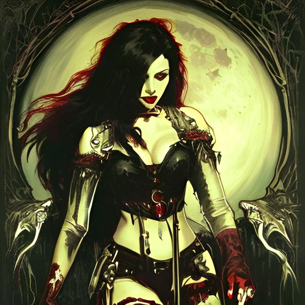 Gothic woman with a half-bloody face wearing futuristic headphones, her intense gaze highlighted by red lipstick and dark eye makeup.