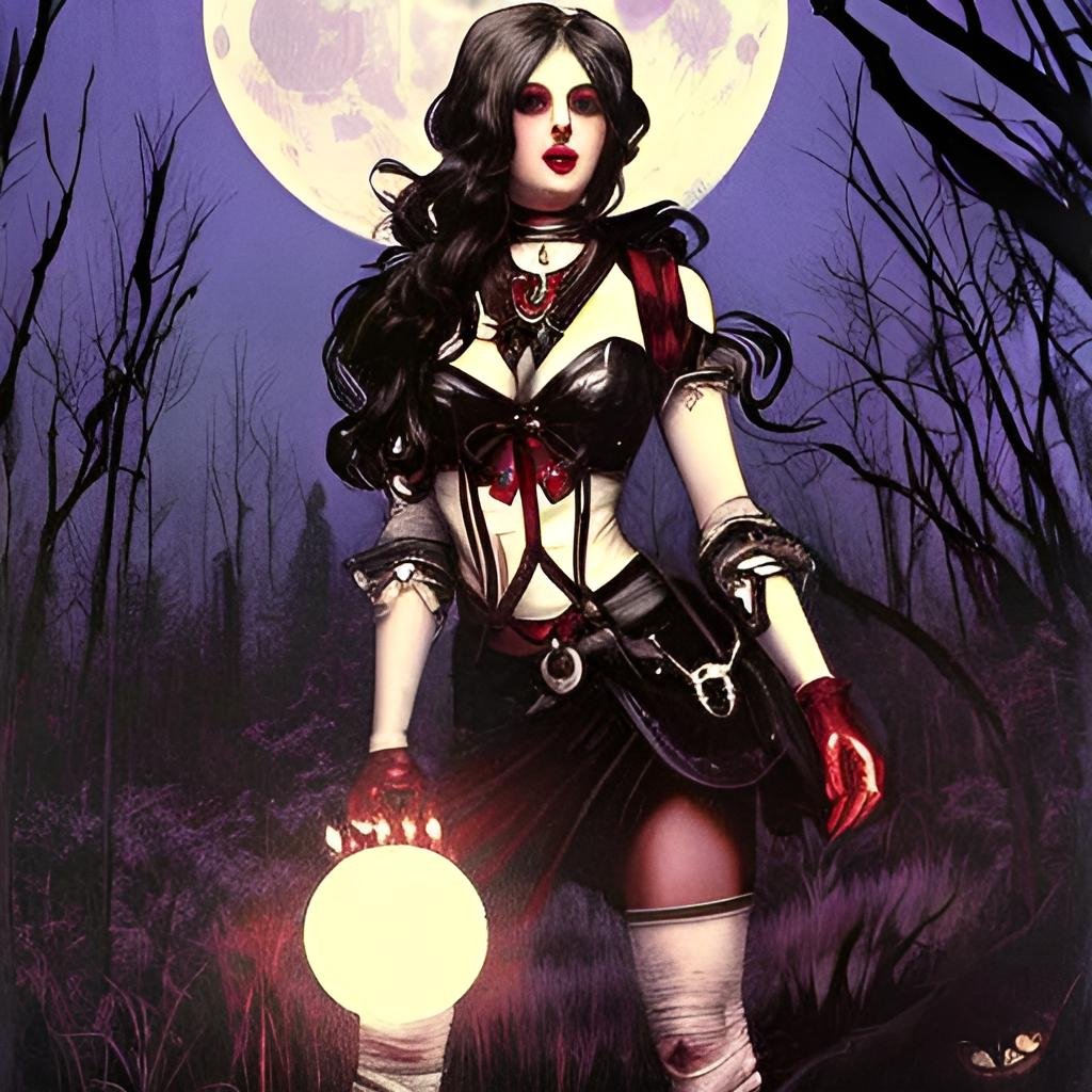 Gothic vampire queen wearing a revealing black and red outfit with armor, standing provocatively in front of a full moon, set against a dark, haunted forest backdrop.