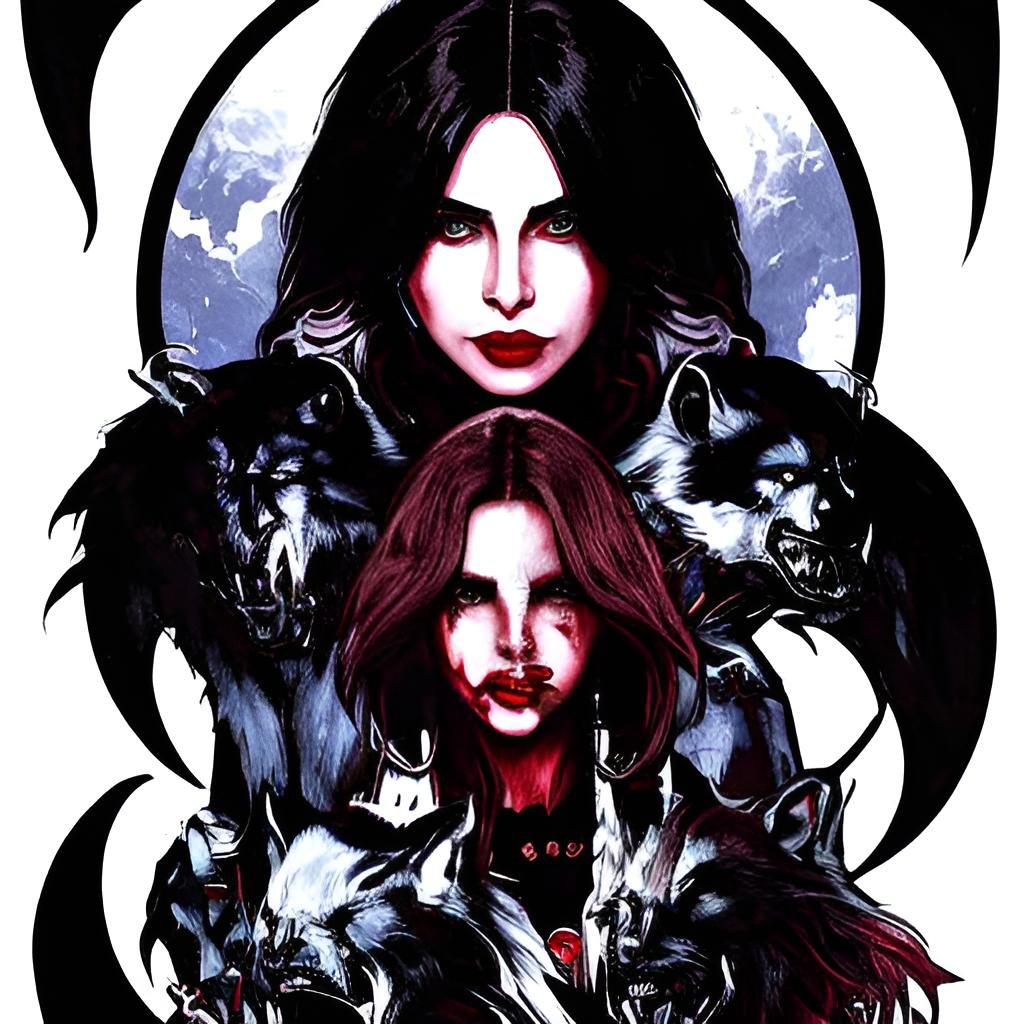 Gothic fantasy scene featuring a woman with striking red lips and black hair, flanked by fierce wolves against a full moon and dark cloudy sky.