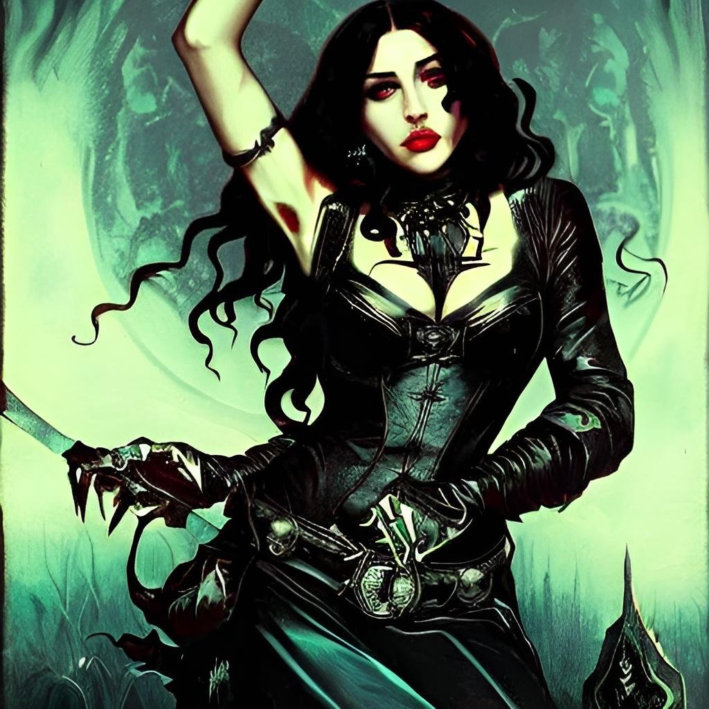 Dark fantasy image of a gothic warrior woman dressed in a green and black corset, wielding a large sword, set against a ghostly green misty background.