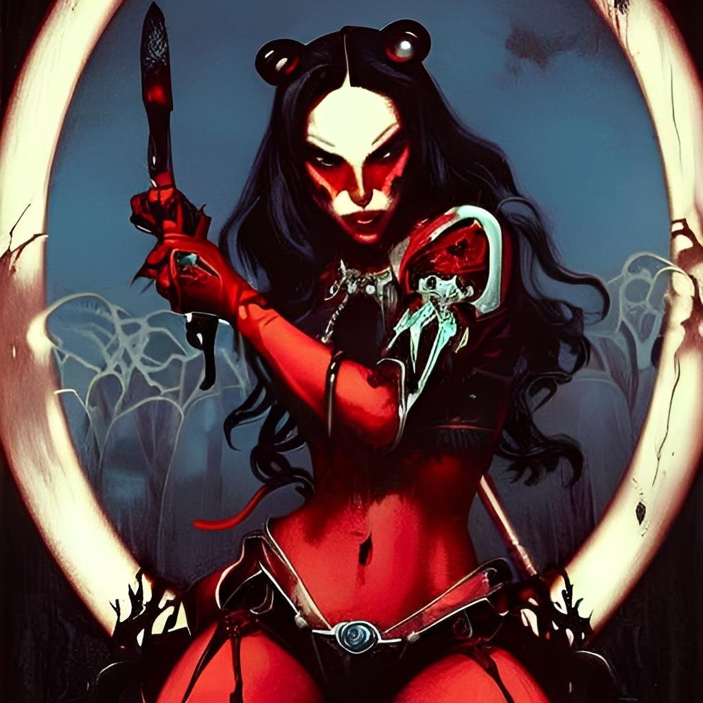 Gothic warrior woman in red armor with skull shoulder pads, holding a dagger and a heart-shaped shield, standing inside a bone-framed mirror with a gothic cathedral background.
