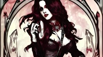 Gothic sorceress in a detailed black and white outfit, holding a glowing crystal ball, with a moonlit, eerie forest in the background.