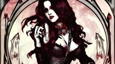 Gothic sorceress in a detailed black and white outfit, holding a glowing crystal ball, with a moonlit, eerie forest in the background.