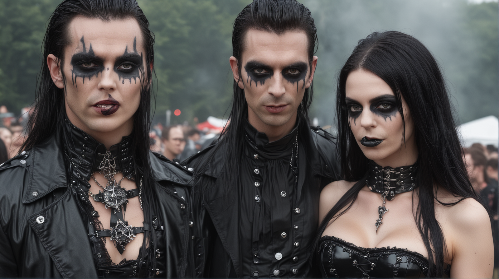 A trio of gothic figures at Leyendas del rock 2014, with elaborate eye makeup and black leather, giving off a vampiric vibe.