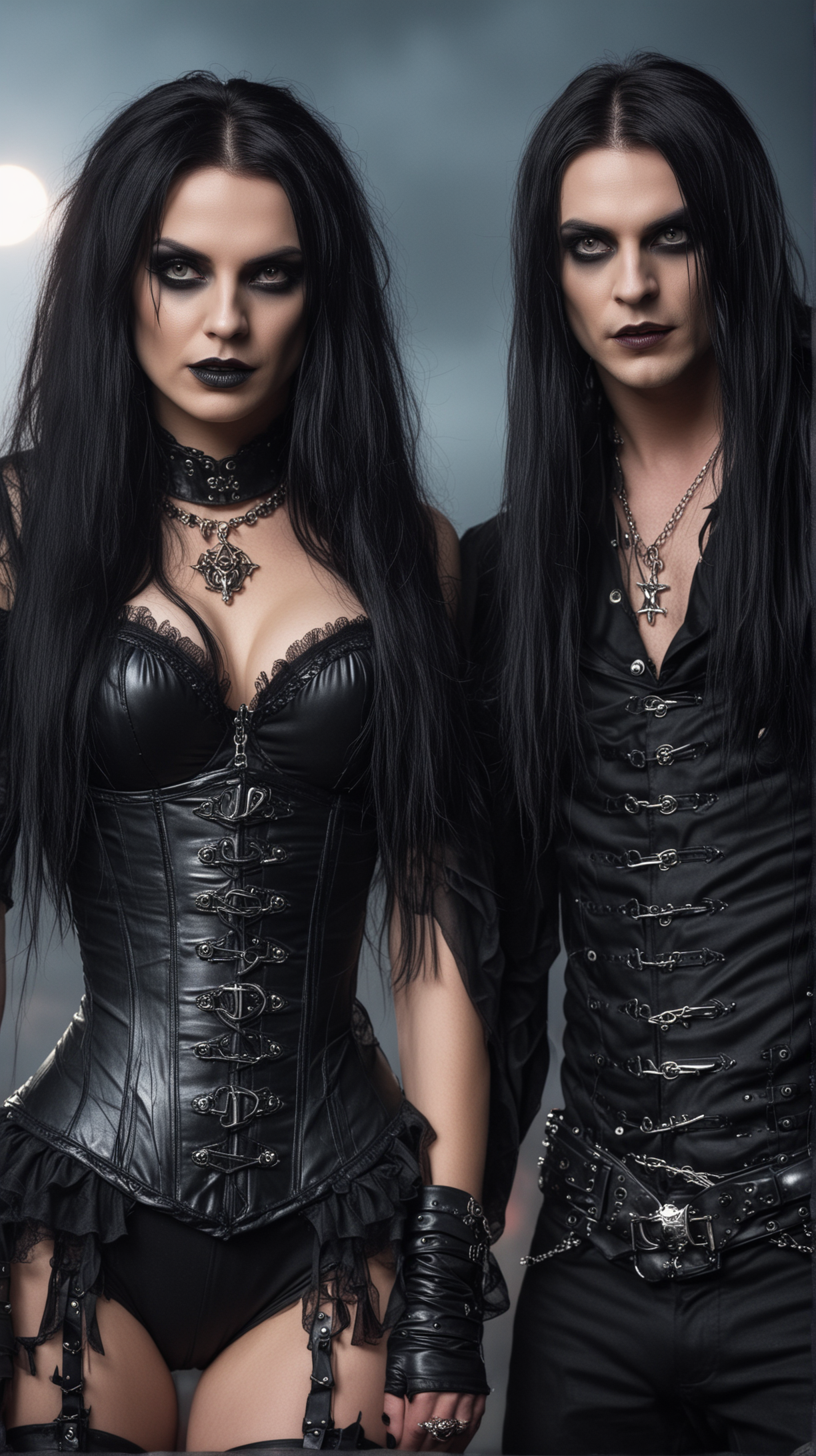 Dark and seductive gothic pair at Leyendas del rock, with the man and woman in matching black outfits and striking makeup.