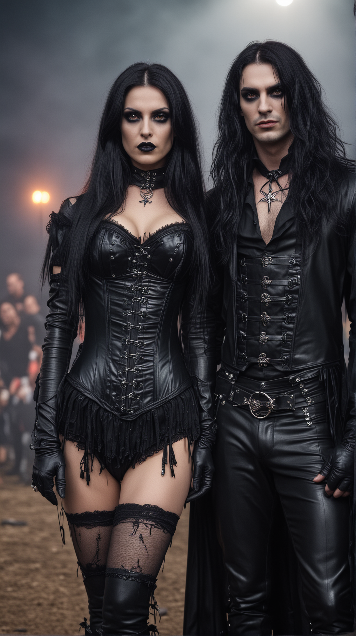 Intense gothic couple at Resurrection Fest 2014, standing close with a dark and stormy sky above.