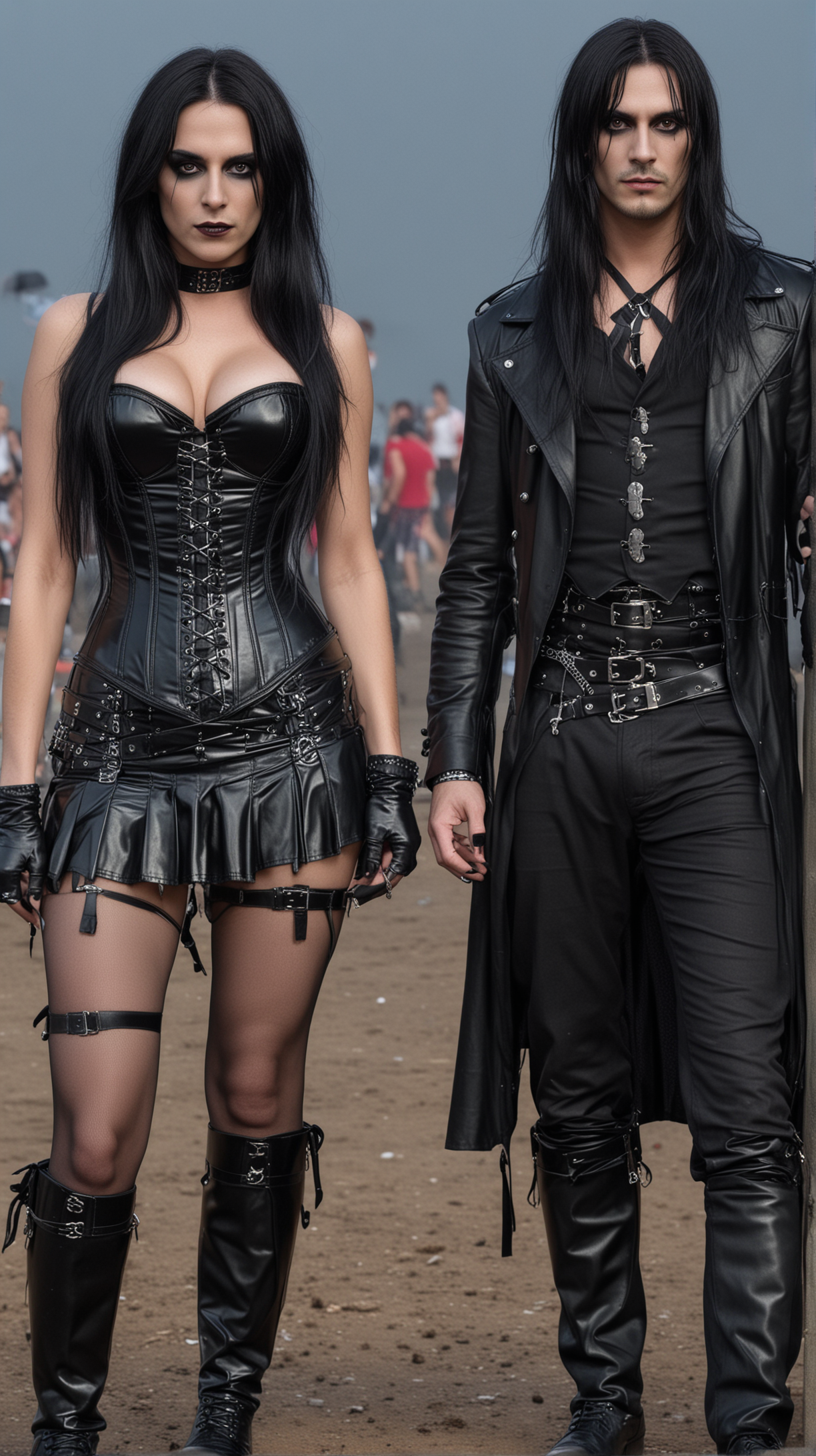 Two goths at Resurrection Fest, the woman in a corseted leather skirt and garter stockings, the man in matching black attire with silver chains, standing confidently.