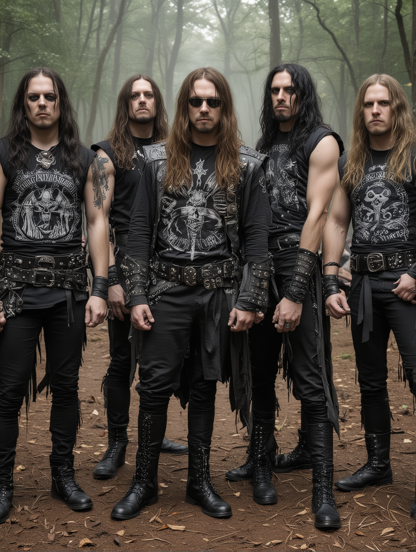 All male heavy metal band standing in a misty forest, dressed in dark leather and chains, exuding a mystical and powerful presence amidst natural surroundings.