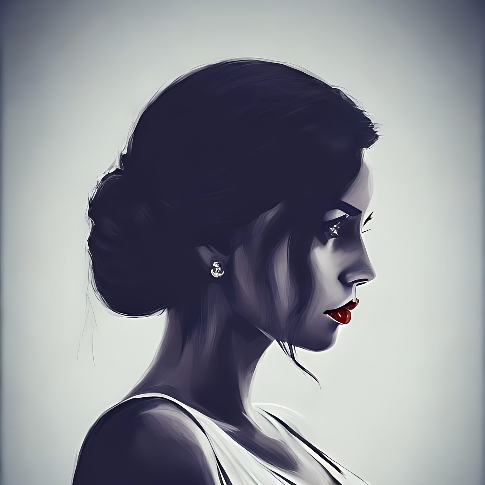 Side profile of a woman with elegant hairstyle and deep red lipstick, capturing a sense of mysterious allure.