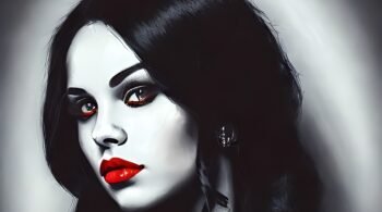 Close-up portrait of a woman with striking contrasts, featuring glossy black hair, piercing red eyes, and vibrant red lips, titled 'Shadows and Whispers' to evoke a sense of mystery and allure.